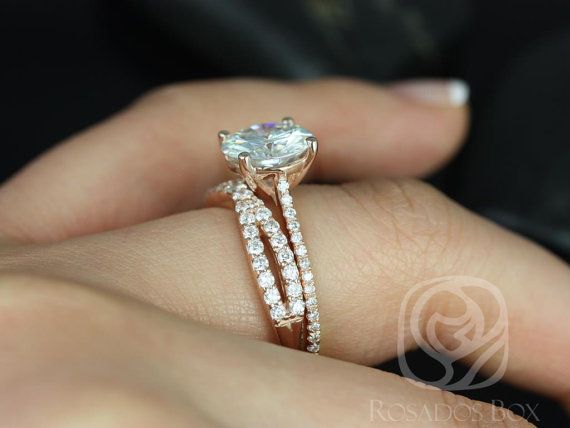 Mariage - Eloise 9mm & Lima 14kt Rose Gold Round FB Moissanite And Diamonds Cathedral Wedding Set (Other Metals And Stone Options Available)