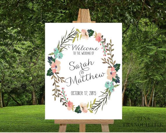 Свадьба - PRINTABLE Custom Wedding Welcome Sign Custom Names Custom Date Welcome To Our Wedding Poster Bride and Groom Name Floral Watercolor Wreath