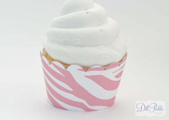 Hochzeit - Bubble gum pink & White Zebra Animal Print Cupcake Wrappers - Standard Cupcake Wraps Set of 24