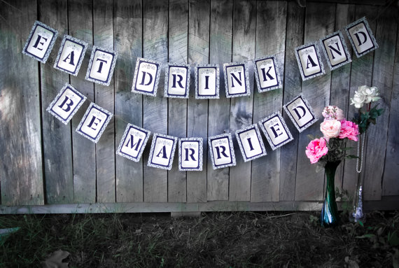 زفاف - Shabby Chic "EAT DRINK And Be MARRIED" Navy Blue Banner with Gems Handmade Wedding Rustic Decor