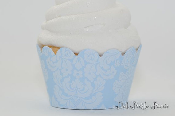 Wedding - Light Cornflower blue and white Damask Cupcake Wrappers - Set of 24 - Standard Size