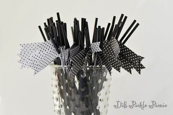 زفاف - Black and White Polka Dot Cocktail Straws - 50 count