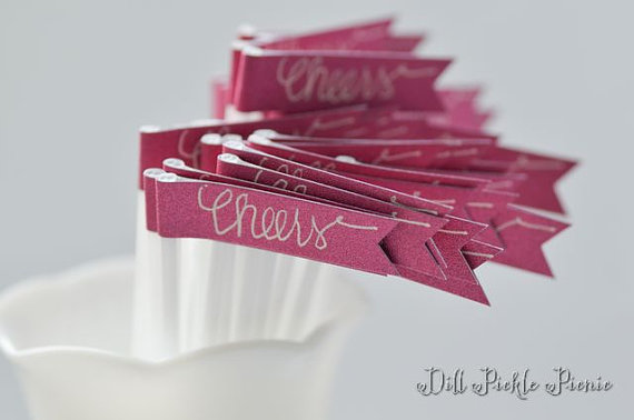 Hochzeit - 50 Dark Hot Pink Glitter Flag with Calligraphy Stir Sticks or Drink Stirrers