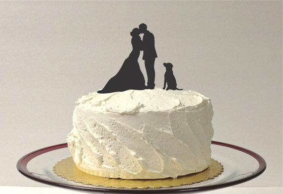 Mariage - Silhouette Cake Topper  With Pet Dog Family of 3 Silhouette Wedding Cake Topper Bride and Groom Cake Topper