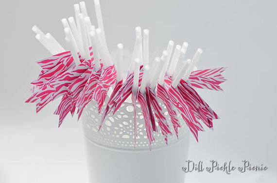 Wedding - Hot Pink & White Zebra Flagged Pink Party Straws - 30 count