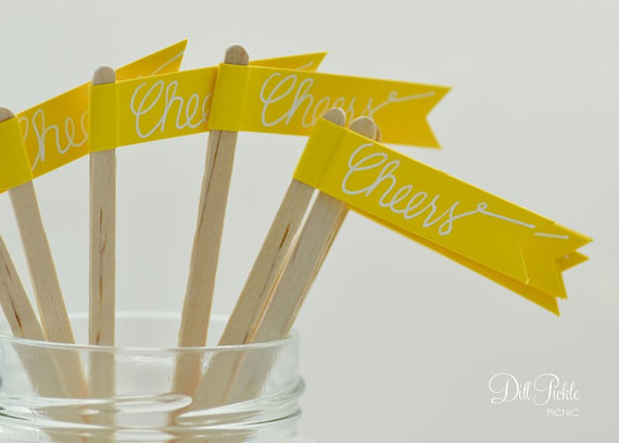 Hochzeit - 50 Bright Yellow Paper Flag Stir Sticks or Drink Stirrers with White Calligraphy