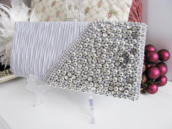 Wedding - Gray and Silver color Satin Pearl Rhinestone Bag, Necklace Wedding Bridal Bag Clutch Formal Wear