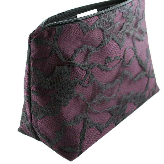Hochzeit - Bridesmaid Gift in Eggplant Aubergine Purple Satin and Black Lace (Cosmetic Bag, Makeup Bag, Clutch)