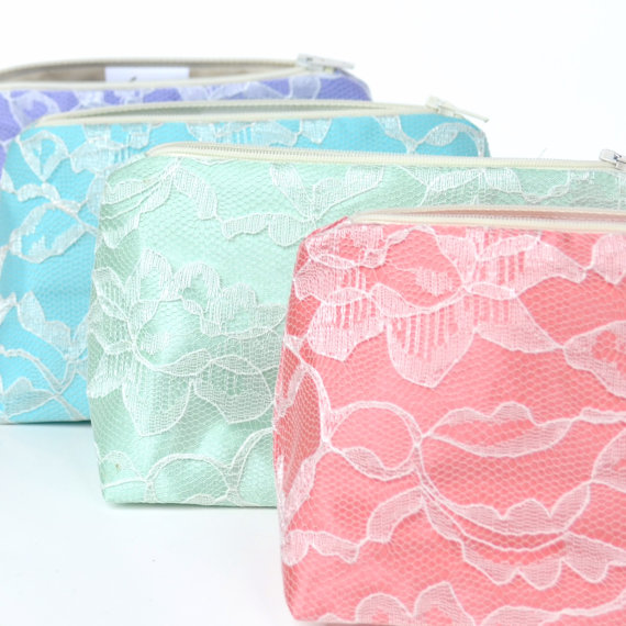 Hochzeit - Bridesmaid Gifts: Lace Cosmetic Bags, Bulk Order Pricing, Spring Pastels, Wedding Favor, Clutch, Makeup Bags Bulk