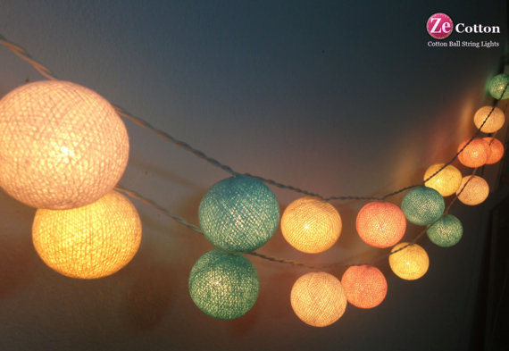 Wedding - 35 Cotton ball 4 meters Of Mixed 4 Pastel Color Cotton Ball String Lights Fairy lights Party  Decor Garden Spa and Wedding  Lighting