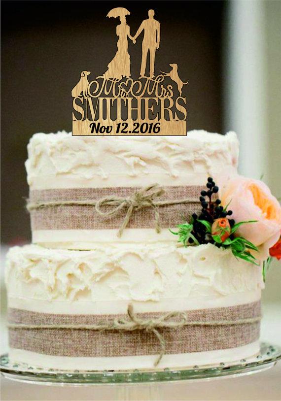 Hochzeit - Wedding Cake Topper Silhouette Couple Mr & Mrs Personalized with Last Name and Two Dogs, Acrylic Cake Topper,Rustic Wedding Cake Topper