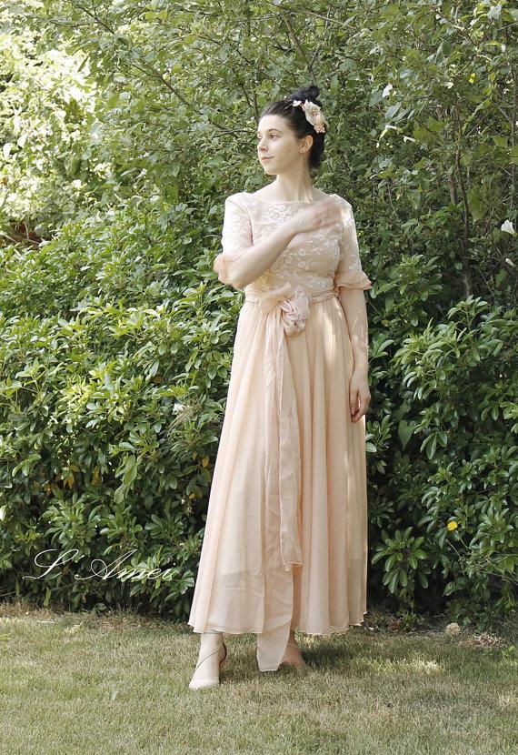 Hochzeit - Custom Rose Tea Blush 3/4 Sleeve Embroidered Wedding Dress. Also Available in Silk - AM1983280