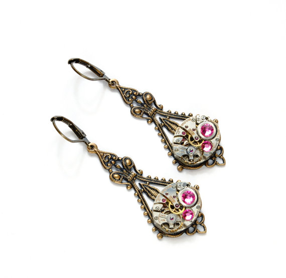 زفاف - OCTOBER Steampunk Earrings, ROSE PINK SteamPunk Watch Earrings, Antique Brass Steampunk Wedding Steampunk Jewelry by Victorian Curiosities