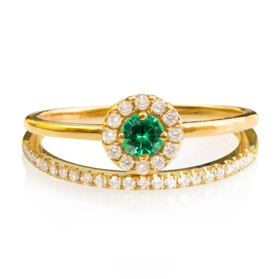 Wedding - Emerald, diamond halo ring and a dainty half eternity pave diamond ring in 14k / 18k solid gold