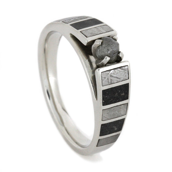 زفاف - Palladium Engagement Ring, Rough Diamond Stone with Meteorite and Stardust Accents, Cathedral Style