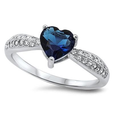 Hochzeit - Sterling Silver 1.10 Carat Blue Sapphire Heart Shape Round Russian Ice Diamond CZ Solitaire Accent Wedding Engagement Promise Ring Love Gift