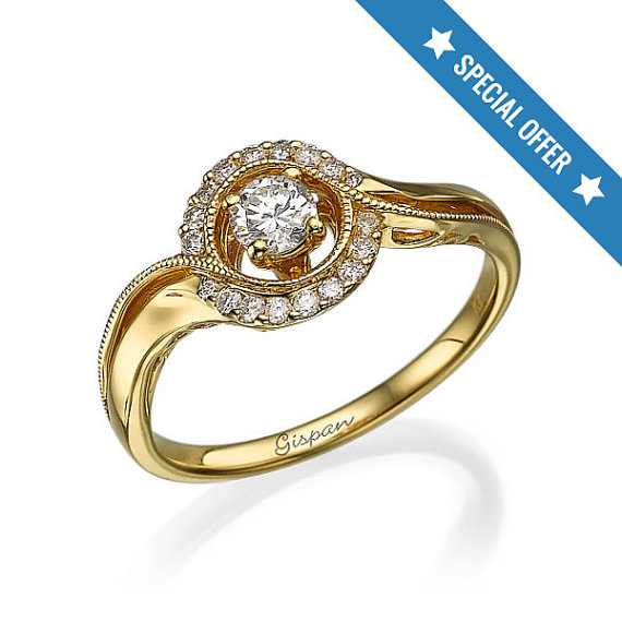زفاف - Sale Vintage Engagement Ring 14K yellow gold handmade ring with unique milgrain for wedding, jewelry sale, Antique Ring,Christmas sale, Gift