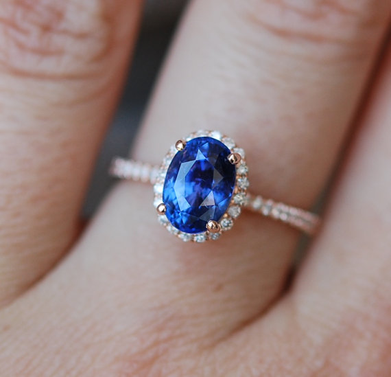 Hochzeit - Rose gold sapphire ring. 2.54ct Royal blue sapphire diamond ring 14k rose gold oval engagement ring