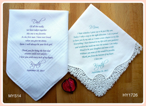 Hochzeit - Wedding Handkerchief-PRINTED-Set of 2 CUSTOMIZED-Mother of the Bride-Father of the Bride-Wedding Hankerchief-Wedding Gift-Parents Gift-favor