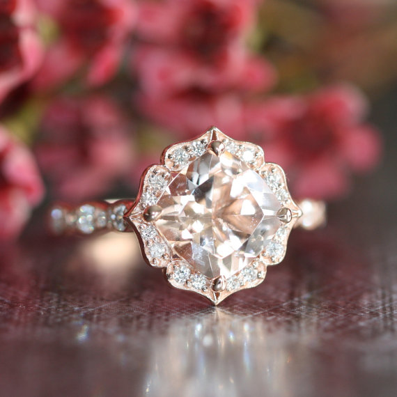 Свадьба - 14k Rose Gold Vintage Floral Morganite Engagement Ring Scalloped Diamond Wedding Band 8x8mm Cushion Pink Peach Morganite Ring