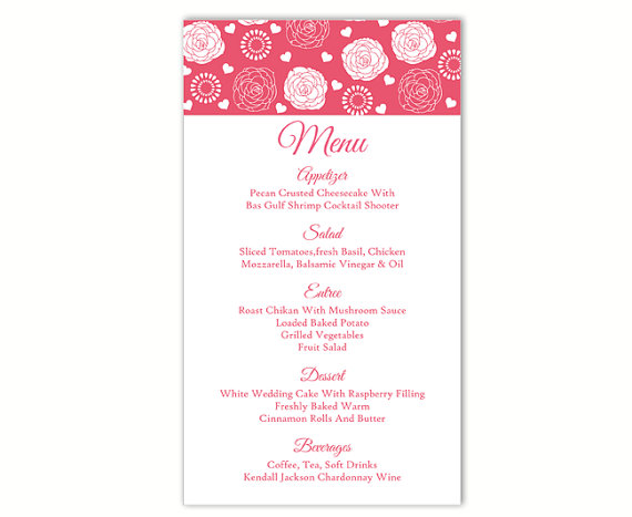 Wedding - Wedding Menu Template DIY Menu Card Template Editable Text Word File Instant Download Pink Menu Rose Menu Template Printable Menu 4 x 7inch