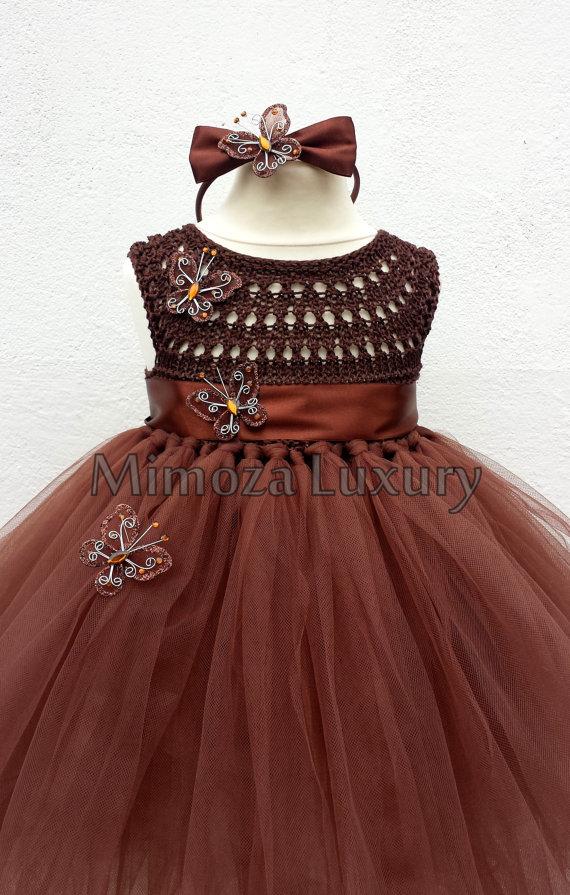 Mariage - Brown Butterfly Flower girl dress tutu dress,  bridesmaid dress, chocolate princess dress, crochet top tulle dress, butterfly tutu dress