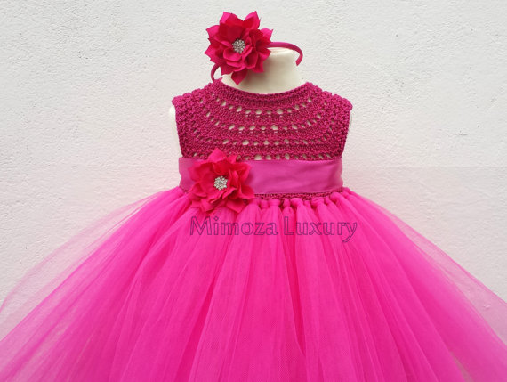 Свадьба - Magenta Hot Pink Fuchsia Flower girl dress, tutu dress,bridesmaid dress, princess dress, crochet top tulle dress, hand knit top tutu dress