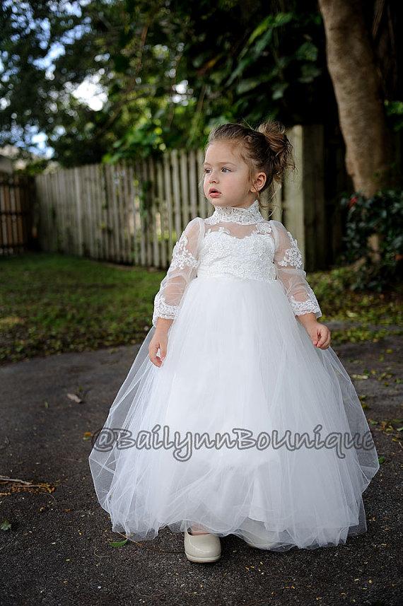 Wedding - Long Sleeve Ivory flower Girl Dress Christening Dress Baptism dress Communion Dress Lace Flower Girl Dress Maxi Dress