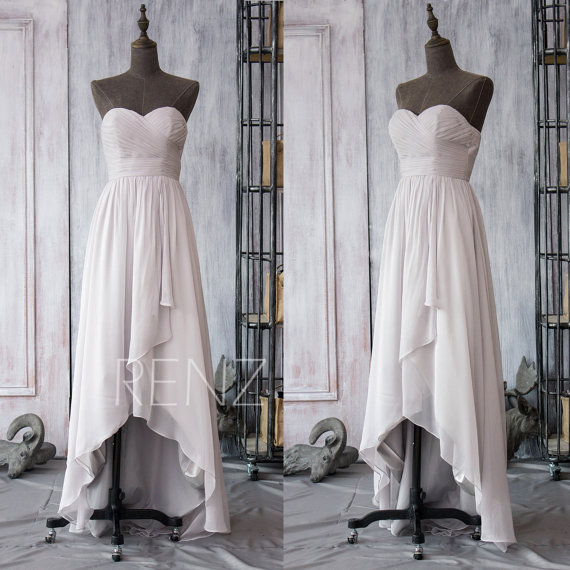زفاف - 2015 Gray White High Low Bridesmaid Dress, Chiffon White Cocktail dress, Sweetheart Strapless Prom Dress Long, Ruched dress (F098)-RenzRags