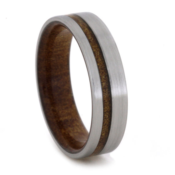 Hochzeit - Kauri Wood Wedding Band with Brushed Titanium Finish and Wood Sleeve, Ring Armor Waterproofing Included