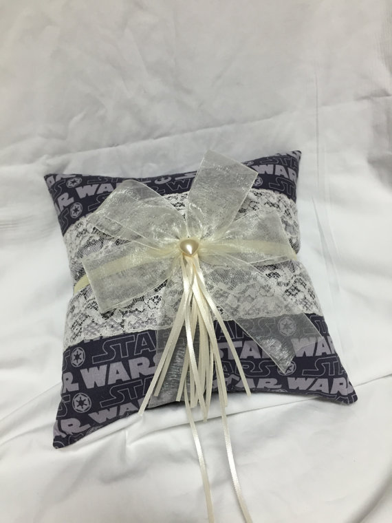 Hochzeit - Custom Ivory and Star Wars Logo in grey wedding Ring Bearer Pillow