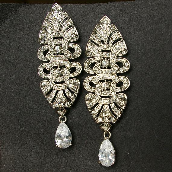 زفاف - Art Deco Style Bridal Earrings, Filigree Rhinestone Chandelier Wedding Earrings, Vintage Style Bridal Wedding Jewelry, VERA