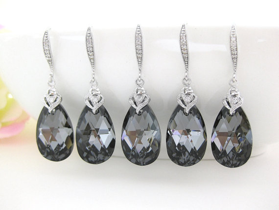 زفاف - 15% OFF Set of 7 Silver Night Black Swarovski Crystal Teardrop Earrings Wedding Jewelry Bridesmaid Gift Dark Grey Earrings (E009)