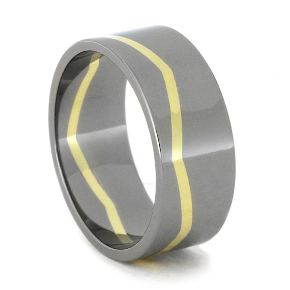 زفاف - Titanium Ring with 14k Yellow Gold Zig Zag, Titanium and Gold Wedding Band