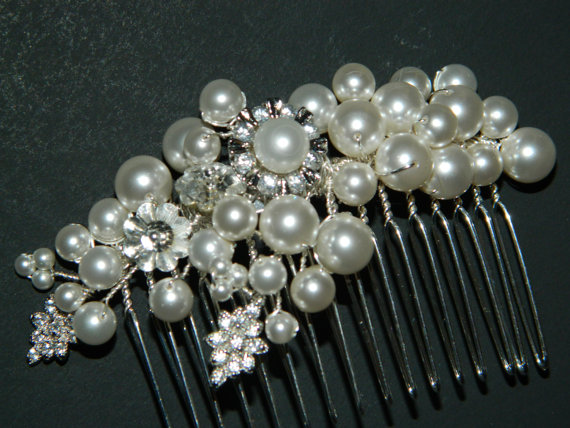 Свадьба - Bridal White Pearl Hair Comb Swarovski Pearl Crystal Wedding Hair Comb Floral Pearl CZ Comb Pearl Headpiece Wedding Bridal Hair Accessories