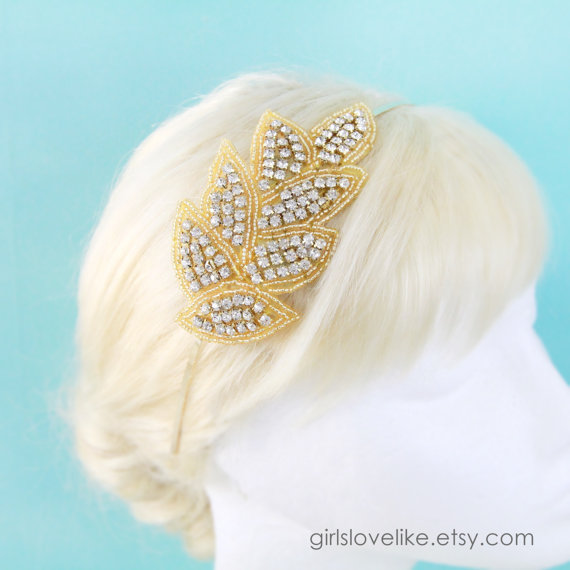 Wedding - Gold Rhinestone Leaf Applieque Headband, Wedding Headband,Flower Girl Headband,Hair Jewerly, Head Piece