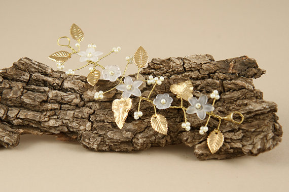 Wedding - Grecian jeweled Gold Floral Hair Vine, Gold Leaf bridal hair vine, wedding hair accessories, flower hair vine,