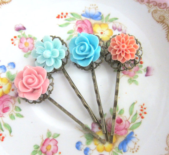 Hochzeit - Flower Hair Pins Vintage Style Wedding Floral Bobby Pin Bridal Hair Pins Set of 4 Bridesmaid Gift Mint Turquoise Blue Coral Peach Pink