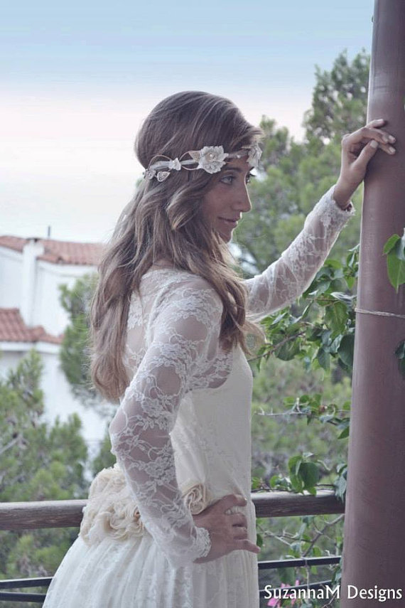 زفاف - Bridal Accessories Bohemian Wedding Hair Accessory Headband With Lace Flowers Pearls and Leaves - Handmade Wedding Accessories