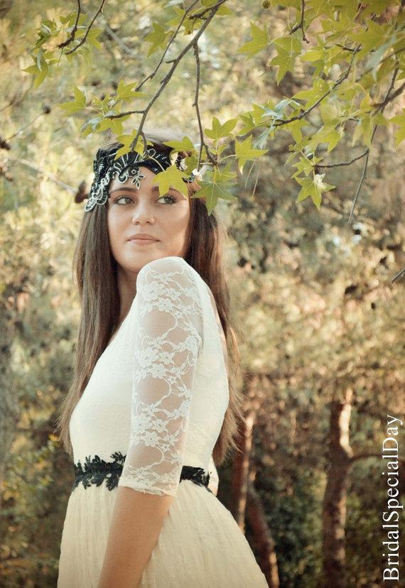 Hochzeit - Bridal Accessories Black Handknitted Wedding Headband Handknitted With Pearls Sequins and Beads - Handmade Wedding Accessories