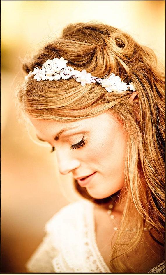 Hochzeit - Bridal Lace Headband, lace head wrap, wedding flower headpiece, bridal flower headband, lace head band, lace hair piece, ivory hair piece