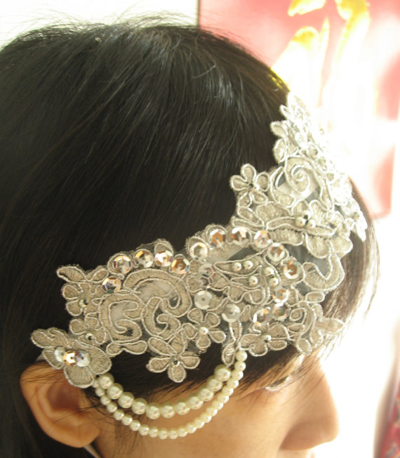 Mariage - Pearl headband, bridal wedding headband, rhinestone crystal hair ribbon, rhinestone crystal headband, applique headband, bridal headband