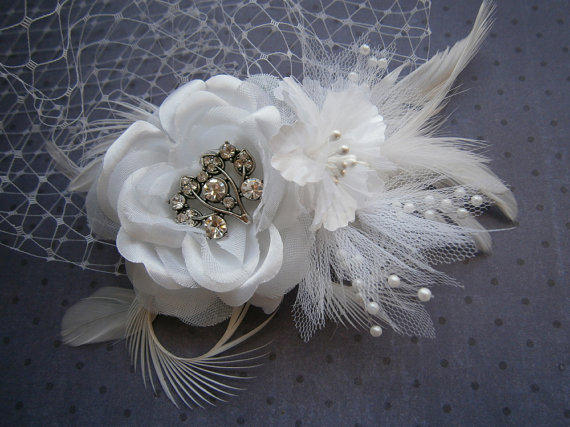زفاف - White, feather, Wedding, hair, accessory, Bridal veil, Feathered, Fascinator, clip, Accessories, Facinator - WHITE ROSE