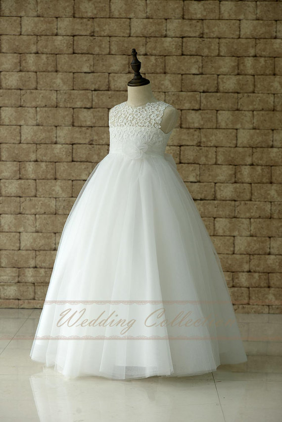 Wedding - Ivory Lace Tulle Flower Girl Dress With Flower Tulle Waitband Floor Length
