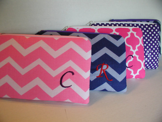 Wedding - Set of 7 Medium - Personalized Bridesmaid Gift - Monogrammed Zippered Pouch - Makeup Bag - Clutch  - Wallet - Chevron - Design Your Own
