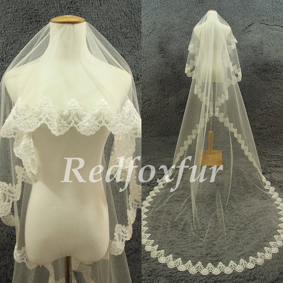 Hochzeit - 1T Cathedral Veil Ivory Wedding dress veil Alencon lace veil Hand-beaded Lace edge veil Bridal Veil Wedding Accessories No comb