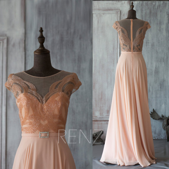 Свадьба - 2015 Blush Bridesmaid dress, Peach Wedding dress, Cap Sleeves Party dress, Jewel Mesh Scoop Formal dress, Party Dress floor length (T030)
