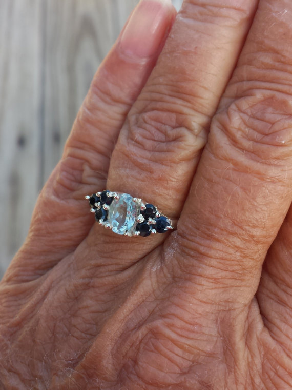 Hochzeit - vintage 2ct genuine aquamarine and genuine blue sapphire sterling ring GORGEOUS