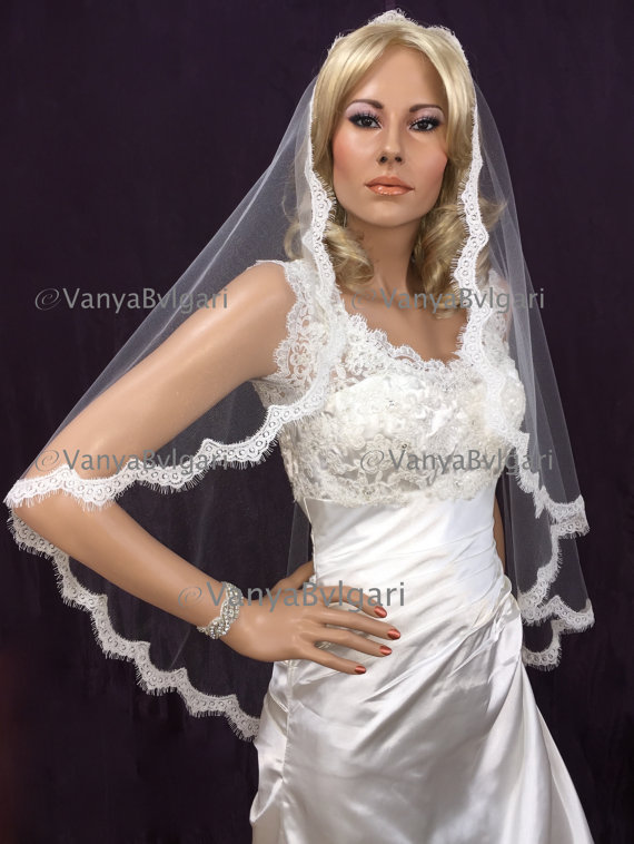 Hochzeit - Alencon lace wedding veil in Mantilla style with lace edge design with eyelashes in fingertip length, bridal Spanish mantilla veil