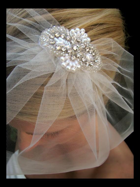 زفاف - Ready To Ship- Darla 9 inch blusher fine tulle bridal veil with rhinestone and pearl accents, bridal hair accessories